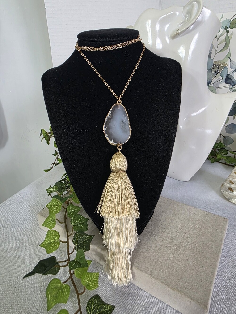Boho Gold Natural Agate Slice 3 Tier Tassel Long Pendant Necklace